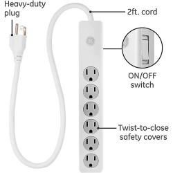 GE 6-Outlet Surge Protector 2FT Cord Power Strip 450 Joules - White